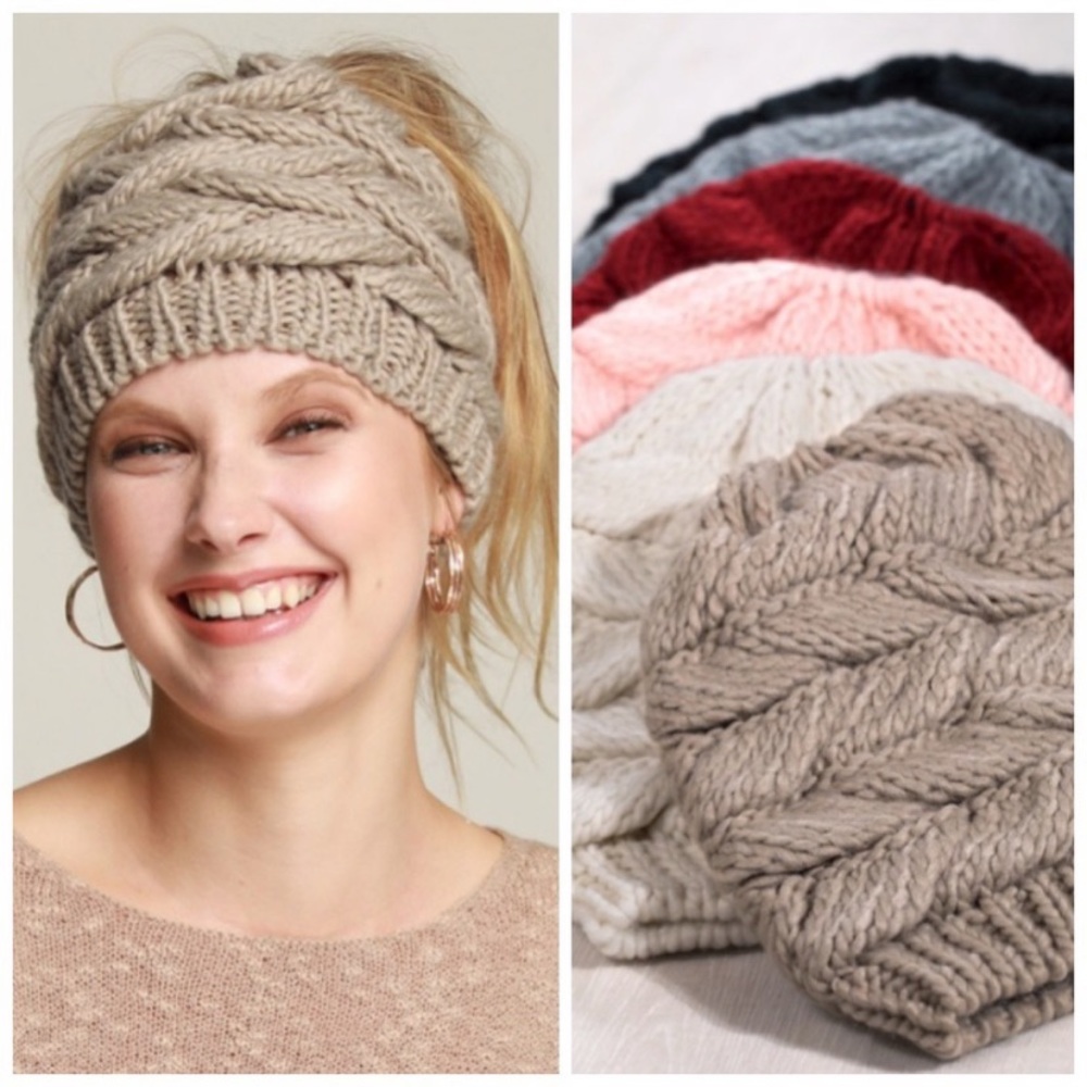 Messy bun ponytail knit beanie